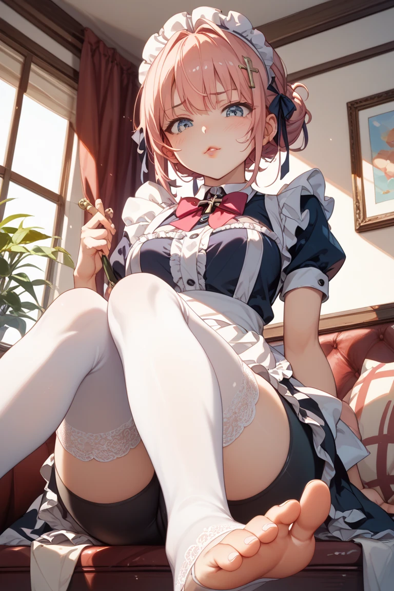 (Tabletop, highest quality, Super detailed), One Girl, Purple eyes, pink Hair, Short Hair、Perm Hair、((White Pantyhose))、(Bedroom)、((Maid clothes))、Long skirt、((Panties))、Medium chest