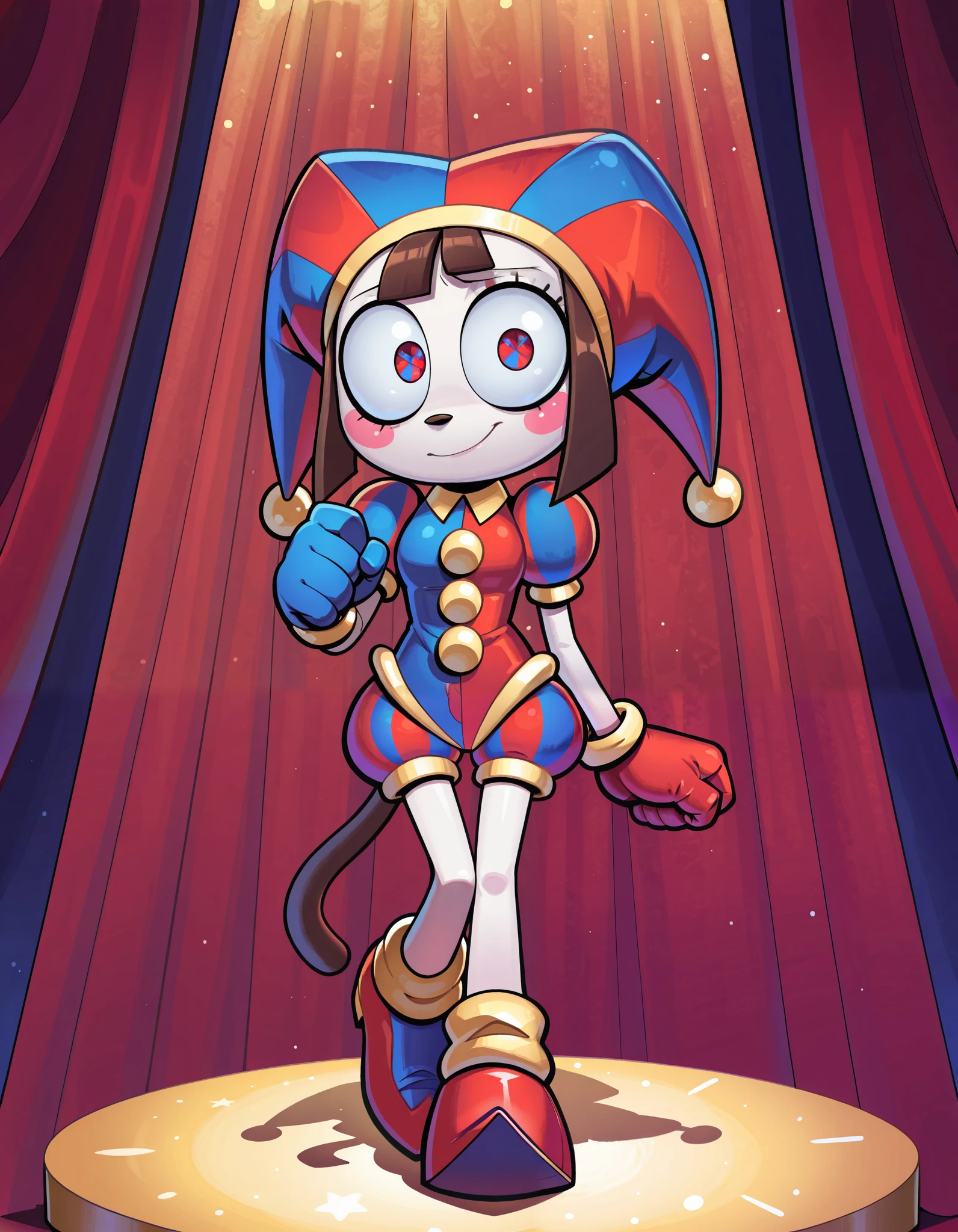 evnstnly,, 1girl, solo, masterpiece, best quality, amazing quality, very aesthetic, absurdres, source furry, Pomni, Pomni_(The_Amazing_Digital_Circus), mobian cat, dog ears, blue eyes, white body fur, brown hair, straight bangs, looking at viewer, smile, oily skin, eyeshadows, (short body, tiny body), big head, closeup, ((jester cap, gloves, puffy short sleeves, red eyes and blue eyes, striped, red shoes)), full body, small breasts, cat tail, circus on background, standing, pink cheeks, shy stance,