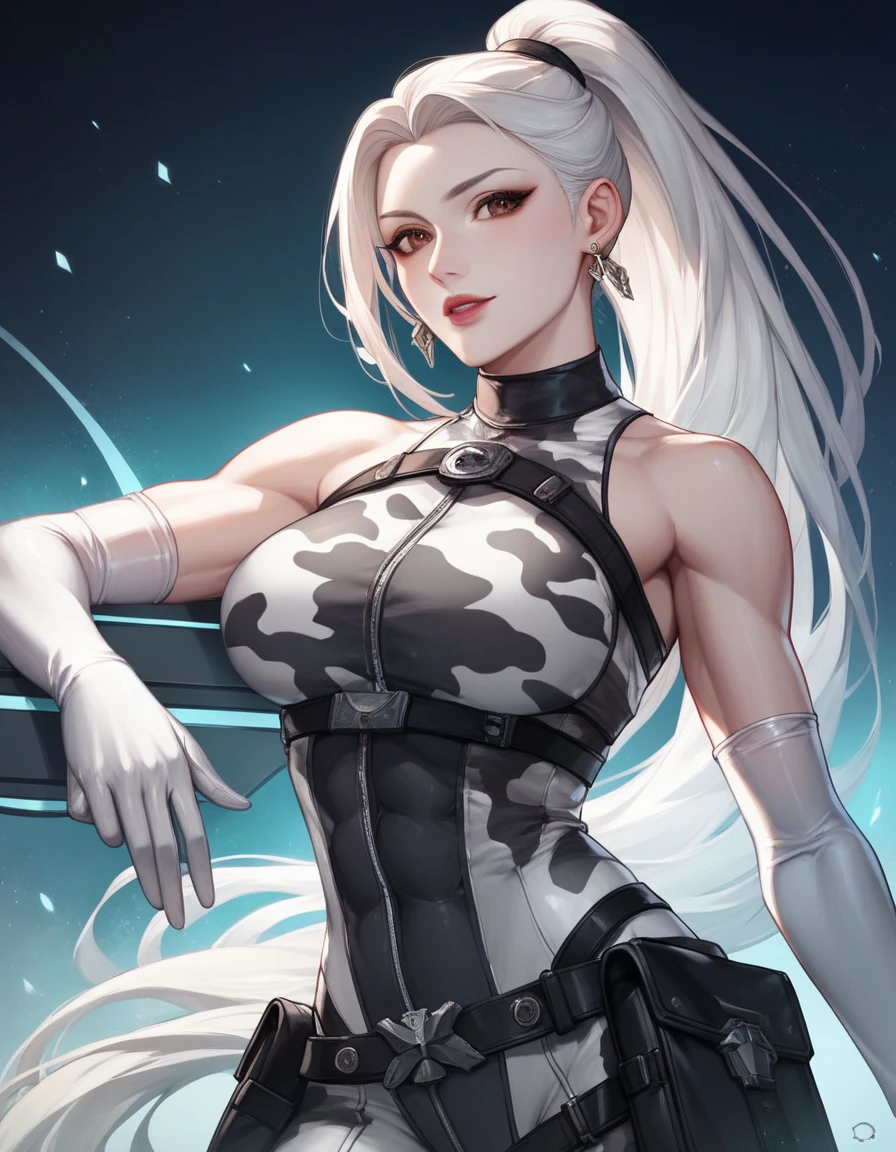 (absurdres, 8k, 4k, masterpiece, hyper extreme detailed:1.2), solo, 1girl, front view portrait, best quality, expressive eyes, perfect face, 1girl, portrait, solo, Female, mature female, adult, pale skin, black nails, white skin, black ribbon, red eyes, black eyepatch, annoyed, tattered clothing, armor, ripped clothes, oversized shirt, , swept bangs, side bangs, messy hair, long hair, hair covering forehead, perfect anatomy, anatomically correct, looking forward, forward view, expressive eyes, perfect eyes, quanxi, ponytail, eyepatch, Zero, full body, hand on hip, covered breasts, right hand on head, left hand on hip, solo, leaning back, window background, WhiteOutfit,