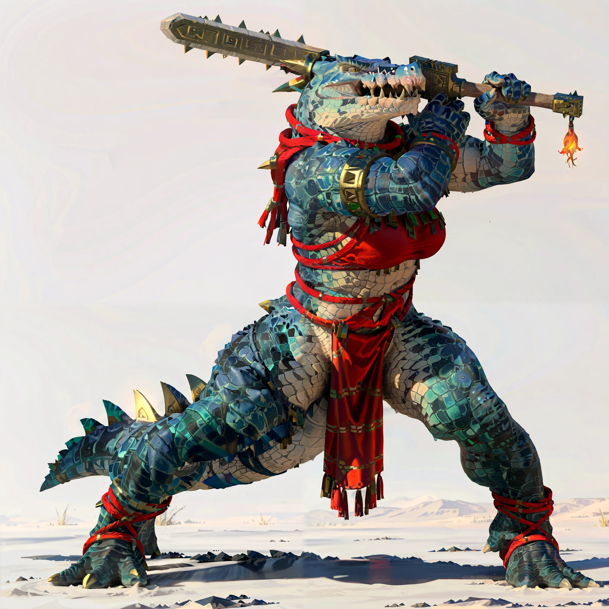 (((masterpiece))), (((Best Quality))), ((Ultra-detailed)), (High Definition anime Illustration), ((extremely delicate and beautiful)),solo, Full body, female Lizardfolk amazons, lizardman, crocodile-like head, sturdy scaled limbs, thick long tail.((Huge barbarian sword raised in both hands)),very confident,(thick legs)(muscular)(Character Focus),highly detailed, Colorful, highest details, wildly dressed, very massive, full body standing, Digital Painting, 8K High Resolution, trend art station, Whole body, (((white background)))