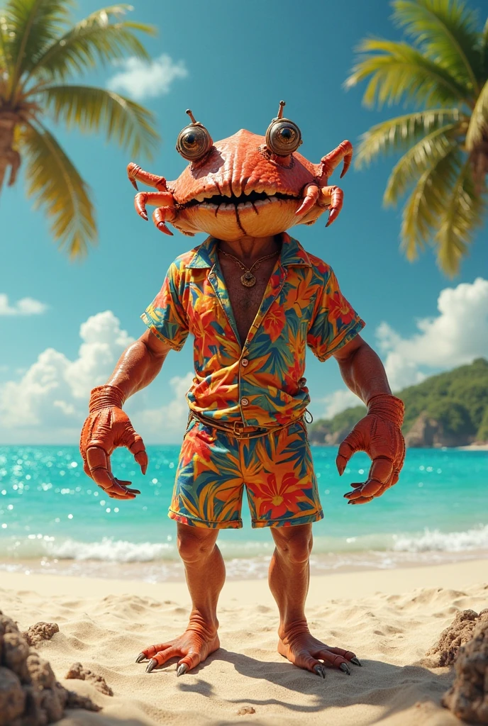A muscular, chesty, shirtless goldfish on the beach holding a surfboard