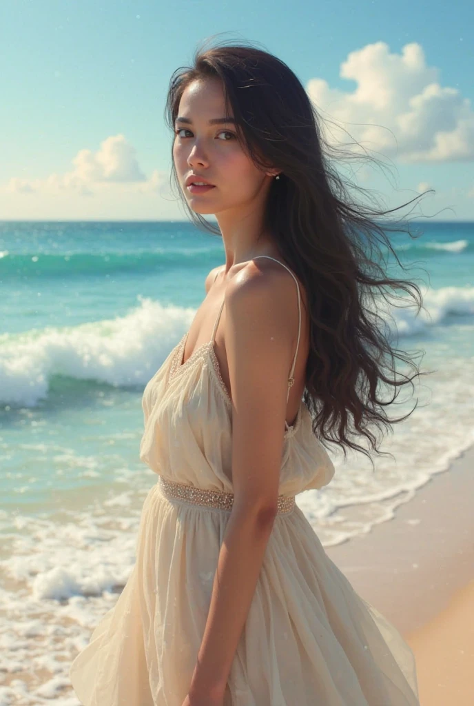 Pale model blue eyes black long curly hair full body sitting on beach