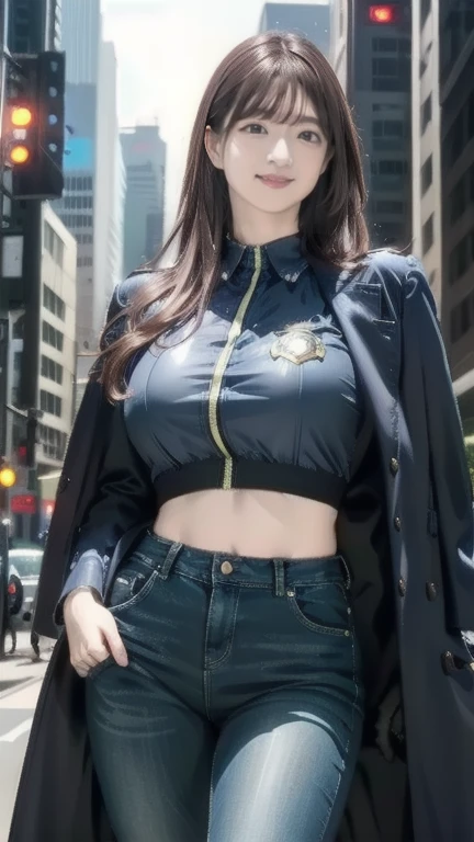 masterpiece, Highest quality, 8K, Young and beautiful girl, smile, Baby Face、(Clothed Huge breasts, Huge breasts), (The lower half is naked), Cute face, avert your eyes, Residential Street, Lips parted, No makeup, 10 generations, Detailed face, Background blur、((16 years old))、whole body, Running wariza, Between the legs,Opening his jacket Very thick pubic hair Outdoor