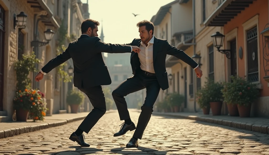Two artists punching each other in a gallery


