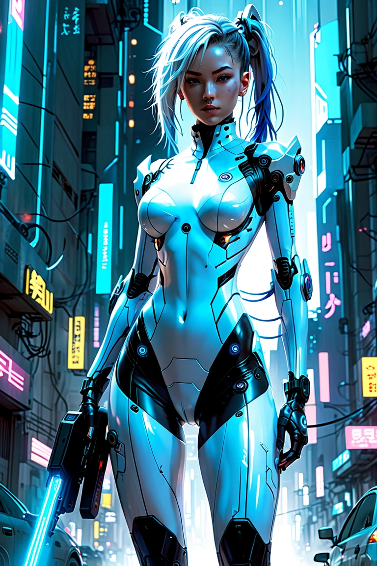 High Detail RAW color Photo,hyperrealistic,digital painting,wide shot,Full Shot,(lens flare:0.5), (bloom:0.5), portrait,(highly detailed, fine details, intricate), incredibly absurdres,(luxurious  cyberpunk:1.4,Dystopian,sci-fi),  concept art,ornate, from side,looking to the side,
1girl,Lucy \(cyberpunk\),European_Girls,(cute female arterial intelligence,robot, cyborg:1.5),(robotic parts,augmentations,mechanical arms, mechanical legs,silver halmet), (cybernetic implants:1.4,microchip,metal,electric wires,cable,silicone),grey eyes,asymmetrical hair, standing,(holding_weapon,battle_rifle,handgun),belt,(wearing shiny tight soft light suit,see-through white chemise), open jacket,detached sleeves,hip vent,metallic bone exposed,toned physique,slender,medium breasts exposure,breasts out,large ass, (pale skin),(detailed skin, diffused skin pores),HQ, angelic, decorations, embellishments,hard edge,
breathtaking,outdoors, ((in surreal planet Raphael Lacoste)),night, (electricity, bright neon colors,sprawling cyberpunk city skyline), turbulent storm, rain,smog,tendrils, spirals,  dust,(((flying ships))), (badlands, observitory), neon colored armor,
