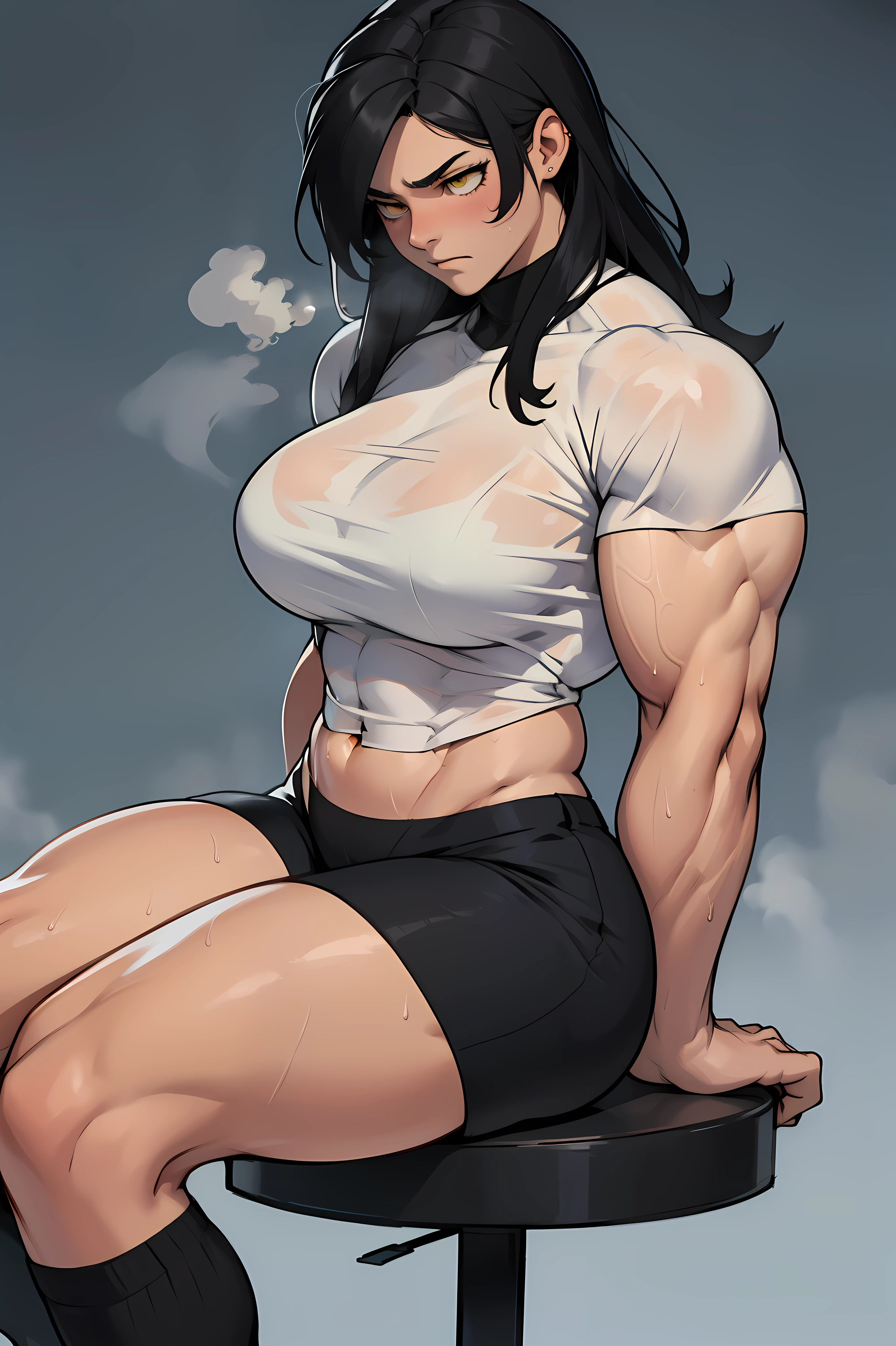 ((((massive female bodybuilder:1.1)))) (huge muscular ass) ((((huge breasts:1.5)))) (NSFW) ((perfect anatomy)) thick sunny sky clouds black hair yellow eyes ((transparent wet sundress)) black hair yellow eyes pale skin solo happy
