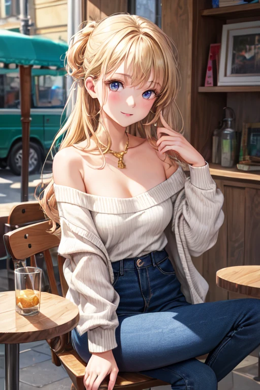 (masterpiece:1.2, highest quality), (realistic photo:1.4), beautiful illustrations, (natural side lighting, movie lighting),
beautiful hair, beautiful face, detailed and beautiful eyes, beautiful clavicle, beautiful body, beautiful breasts, beautiful thighs, beautiful feet, beautiful fingers,
looking at the viewer, 1 girl, high school girl, (perfect anatomy, anatomically correct, super detailed skin), cute symmetrical face, baby face, perfect face, perfect eyes, slender,
(long hair, straight hair, blonde hair), swept bangs, emerald-green eyes, big eyes, drooping eyes, long eye lasher, (medium breasts, seductive thighs), perfect body, shiny skin,
(detailed cloth texture, break (long sleeve off shoulder cocoa-brown sweater), break denim skirt, break black camisole), break
(beautiful scenery), night, (bar counter;1.2), standing, break (peace sign), break (lovely smile, parted lips, feeling of satisfaction),
