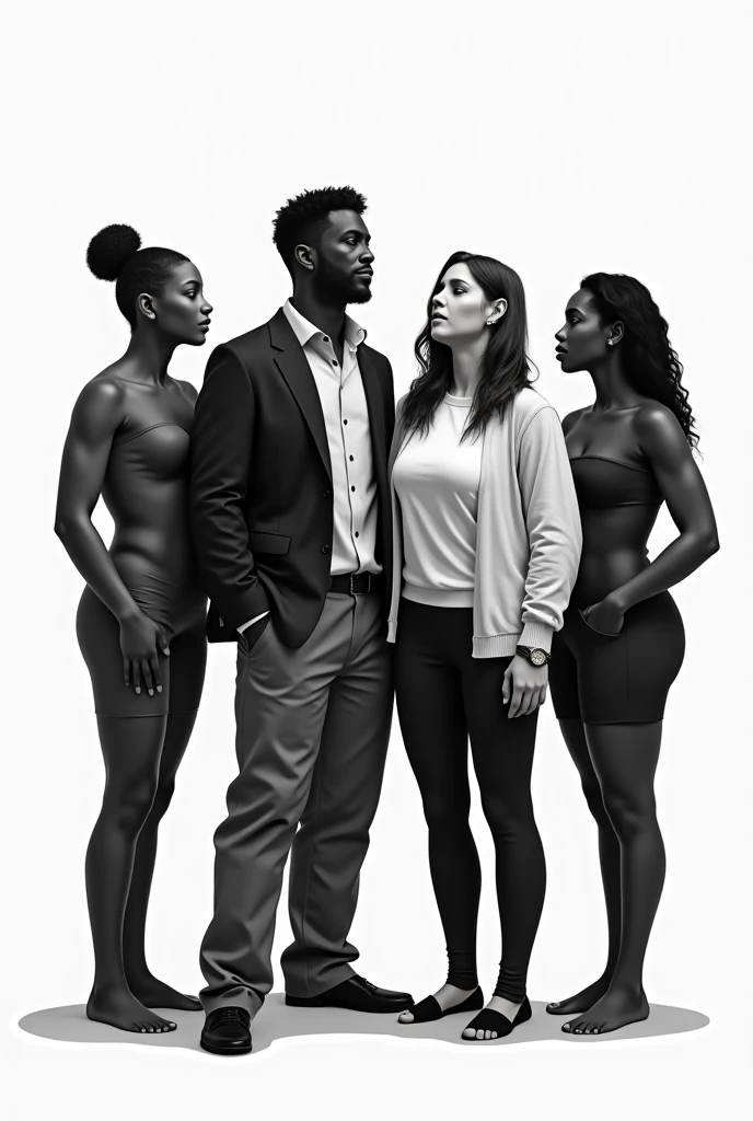 Two Very Tall girls in the left and right, short man in the middle, the two girls are much taller than the man, girls are models, girls are ring girls, man is an mma fighters, girls are wearing black bras and shorts, man is shirtless and wearing black shorts, girls are standing barefoot, man is wearing shoes