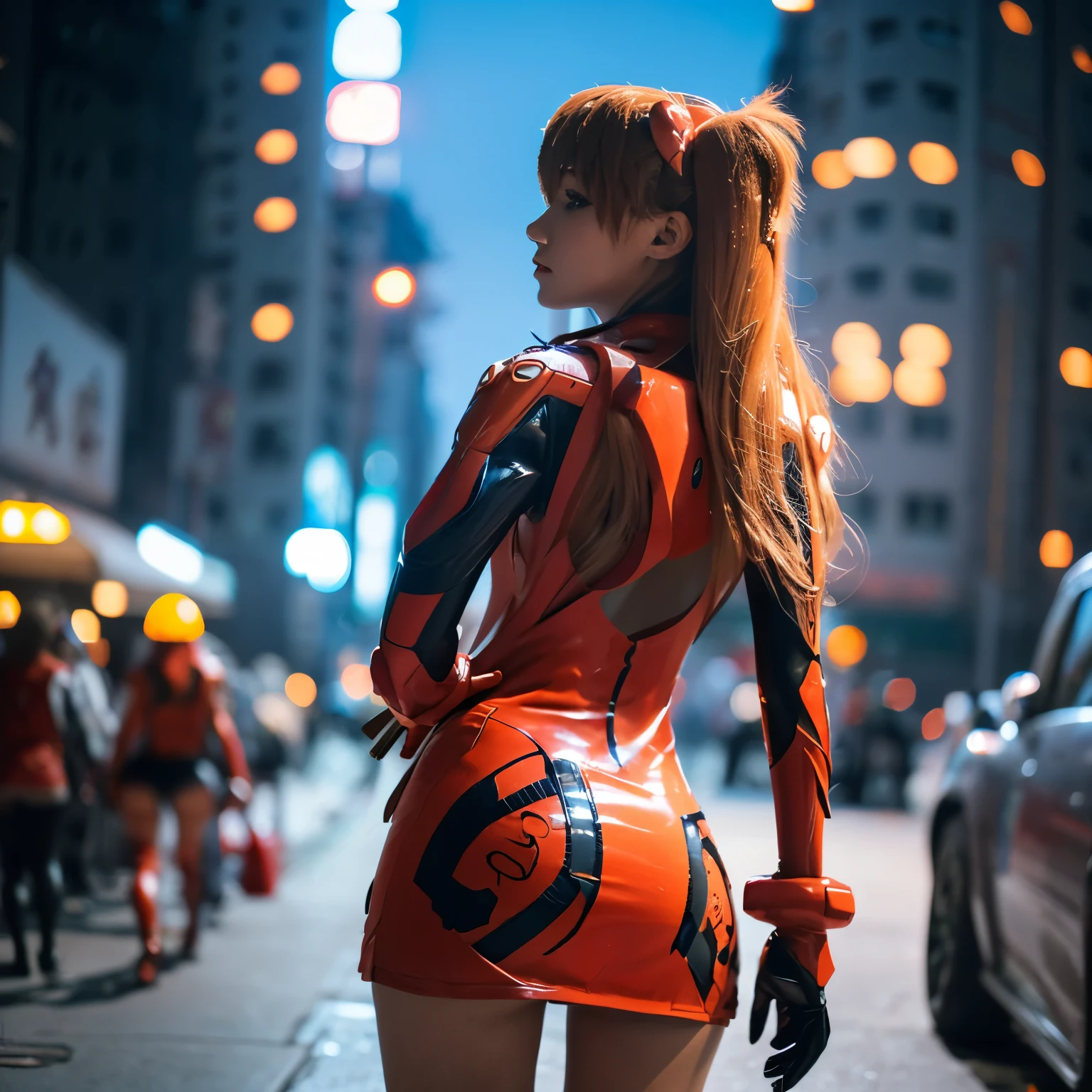 Soryu Asuka Langley/evangelion,(((A woman wearing a plug suit by Soryu Asuka Langley in a very tight miniskirt with super detailed designs:1.8))),Long red hair,Medium breasts,Super bautiful face,Thick butt,Thick thighs,Wide ass,Ultra-fine,((from the back:1.2)),Ultra High Quality,Highest quality,Standing,Spread legs wide,Light on the side,Night,cyberpunk