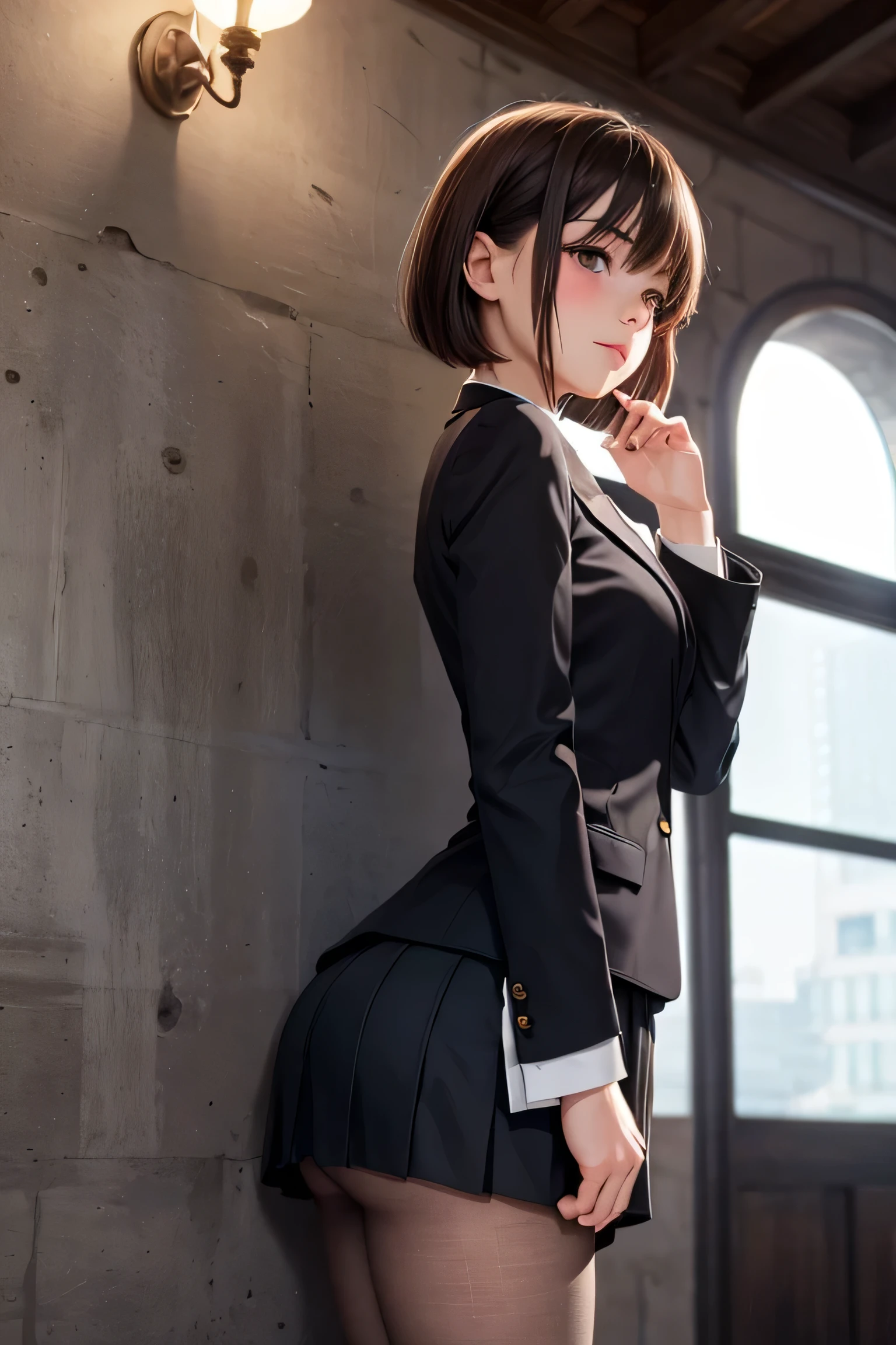 1 girl,  blushes,short bob、pantyhose,  place your hands on the wall、Arch your back、skirt, suit, Butt, skirt,  shirt, high quality, realistic, details, Precision, Portrait, natural lighting, soft colors, High Quality, 4K render, high definition, Photographer, For sensitive skin, anatomically correct,  blushes, high definition,