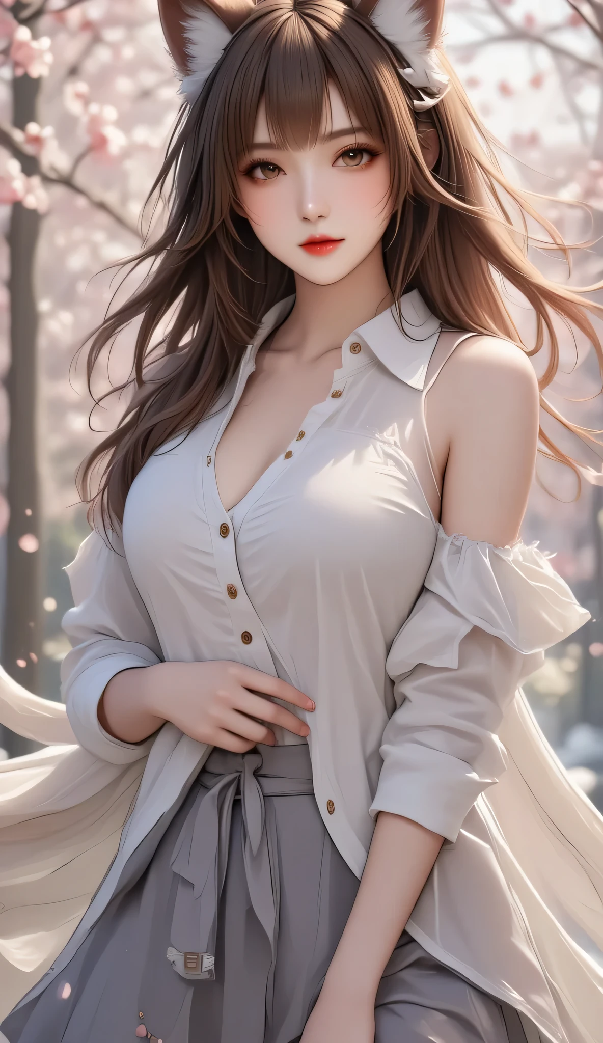 (ultra-detailed:1.2) (masterpiece:1.3) (8k resolution:1.1)
theme:League of Legends Ahri, scene:beautiful cherry blossom forest magic array
Action:gracefully rotates to release the nine-tailed fox fire,Lenses:dynamic elevation perspective
Style:Fantasy Conceptual Art + cyberpunk light and shadow,Material:Silk Textured Costumes
Special effects:Translucent Nine Tail Flow Light + Q Skill Orb Trajectory
Element:floating rune + particle light effect ,environment:Gradient sky at the junction of dawn and dusk
tips:Close Depth of Field Blur,emphasizes costume details and hair movement