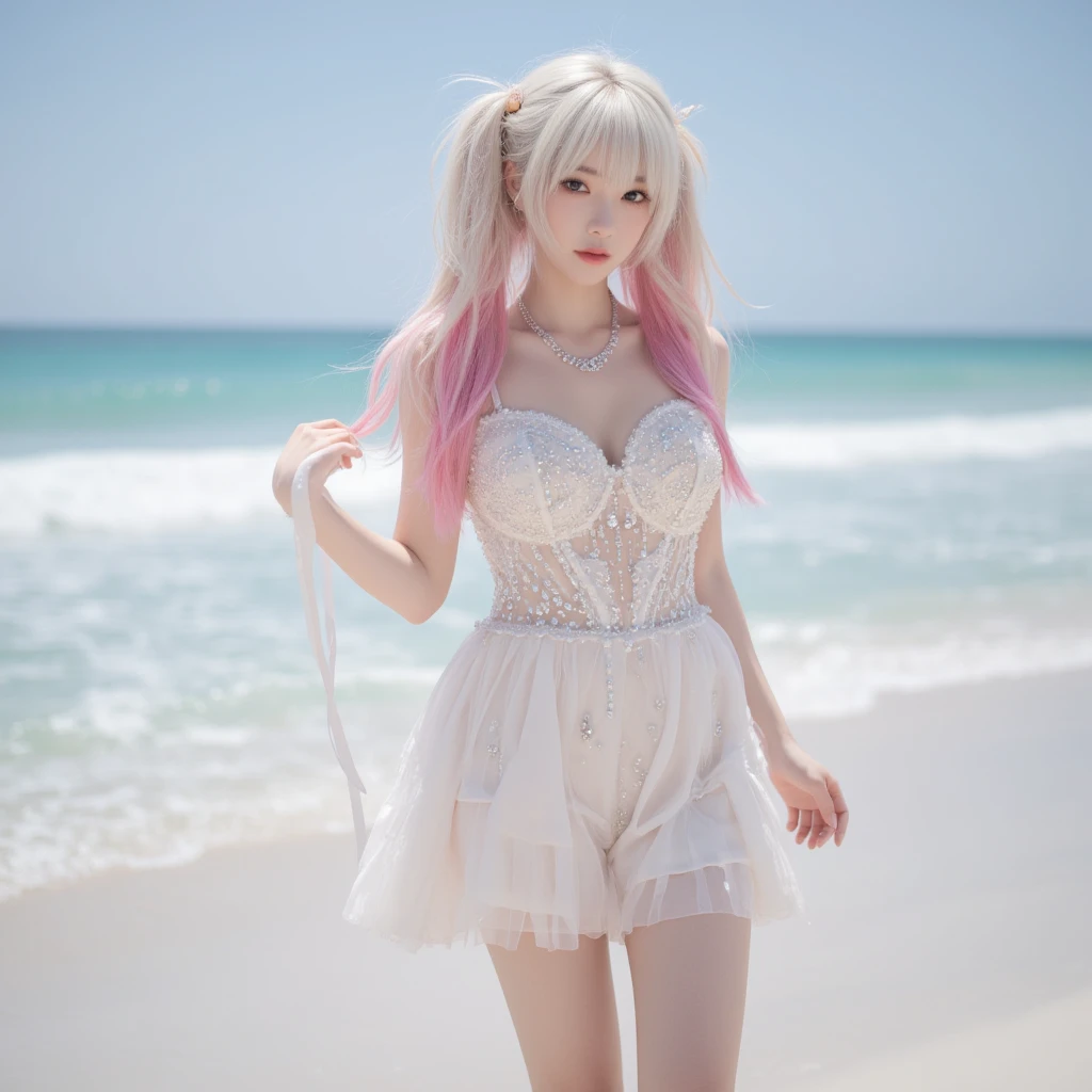 8k, ray tracing, vibrant colors, very embarrassed girl, illya, slim figure, masterpiece, sharp focus, best quality, depth of field, cinematic lighting, wearing a very detailed see-through white summer dress, ((condom belt, condom_hair_ornament, very embarrassed, blushing)), elbow gloves, perfect eyes, perfect hair, rich in details and textures, Masterpiece, best quality, Anime girl illya white hair very long messy hair, twintails, red eyes, long eyelashes, very marked cameltoe, pink make up and pink eyeshadow make up, huge breasts, beautiful woman, sunshine, beach, illya, see-through white summer dress, bridal garter, very erect nipples, big silicone implants, big silicone , chiaroscuro, (perfect hands:0.7, neat hands:0.7), ((((professional photography)))), ((Dreamcore)), full body