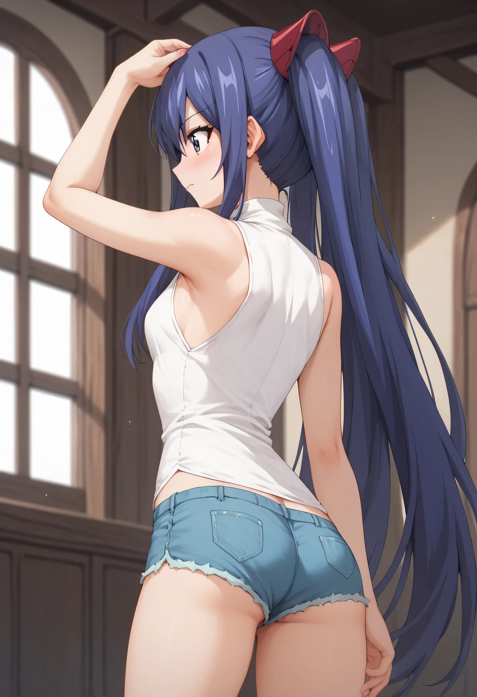 An image of Wendy Marvell with a sensual face standing blushed with flat breasts. Wearing a sleeveless white turtleneck blouse with short shorts crouched in a room, Back view