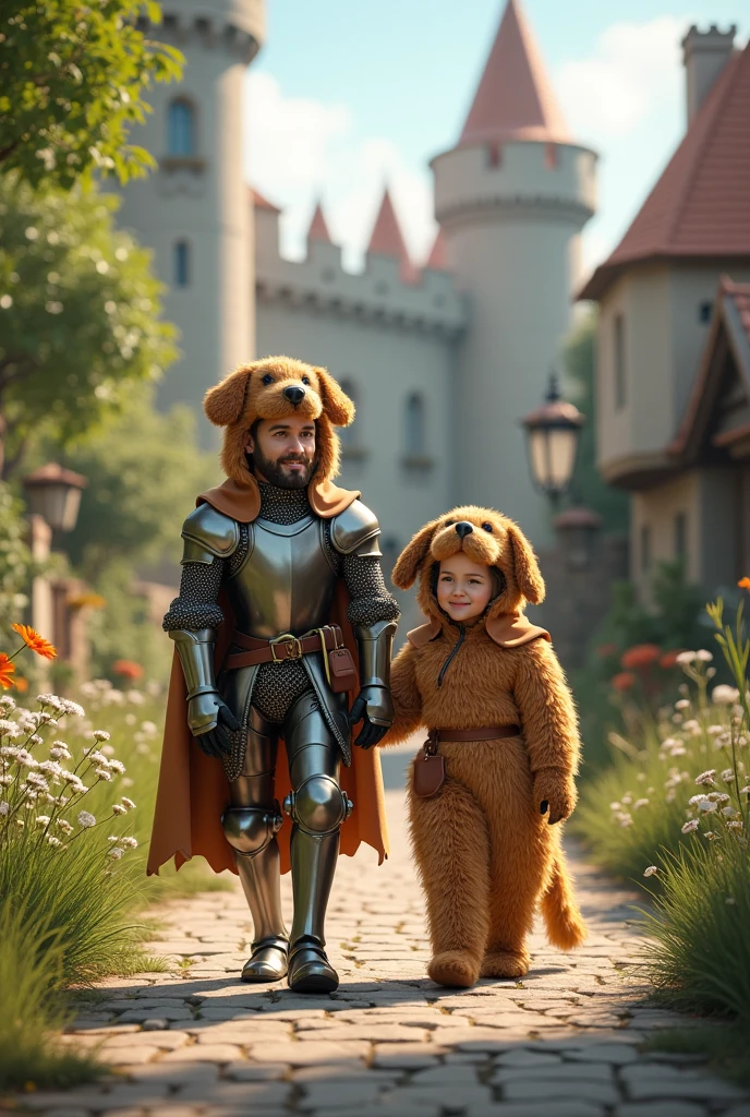 Create a boy, look at some armor. The boy has to be wearing a red coat with a big black dog on the side. The armor has to appear in the photo. The guy has to be a little younger and the dog has to be bigger.