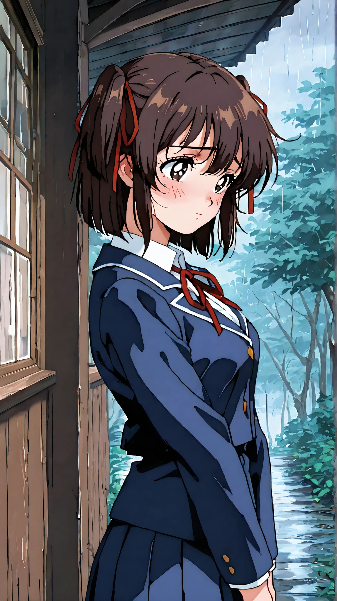kayo,dark brown eyes,dark brown hair,two side hair,shoulder-length short hair,hair tied thin red ribbons,school uniform,white collared shirt,thin short red necktieribbon,navy blue short pleated skirt,tareme,labiomental sulcus,masterpiece,best quality,amazing quality,ultra detailed, very aesthetic,highres, beautiful detailed hair, beautiful detailed eyes, beautiful detailed face,beautiful,super detailed skin, perfect anatomy,score_9, score_8_up, score_7_up, source_anime,retro art style,[[[realistic]]],standing,day,rain,shy,blush,watery eyes,from side,side view