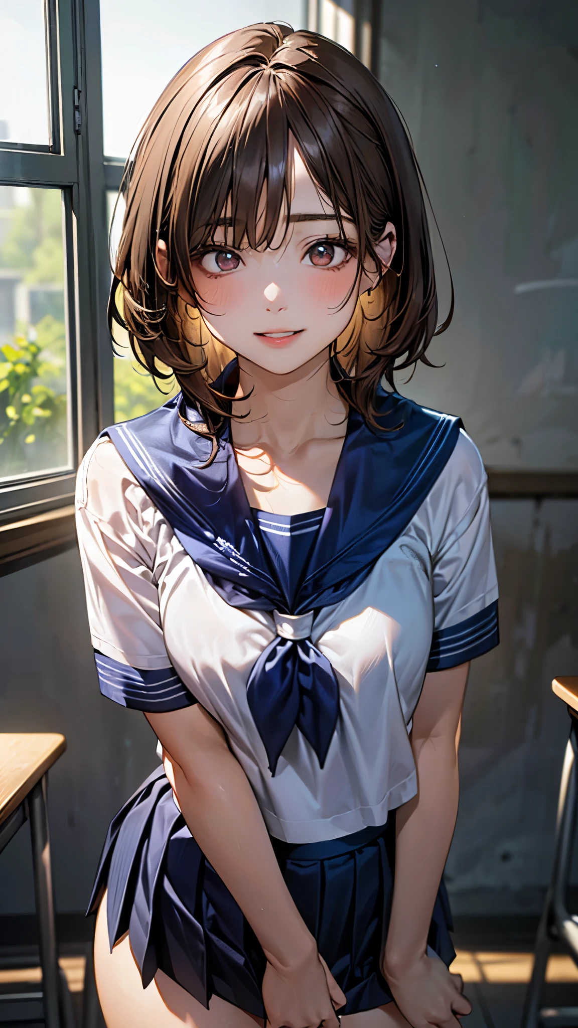 (highest quality, 4K, masterpiece :1.3), Beautiful woman, 1 girl, slim, midium breast, (chest, Attractive body :1.2), Cowboy Shot, JK:1.1, Dark brown hair: 1.1, short hair, , Highly detailed face, Lip details, Fine Eyes, double eyelid, sitting in cafe, left hand holding coffee, (tan skin:1) , sailor suit, dark blue collar, white shirts, short sleeve, school, dark blue skirt, black skirt, hairpin