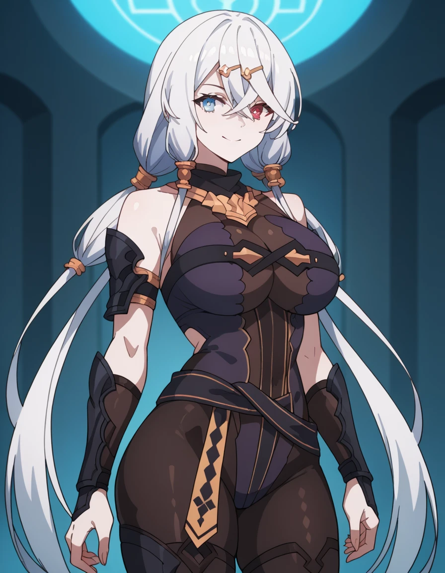 (masterpiece, best quality:1.2), solo, 1girl, lysitheatimeskip, smile, looking at viewer, hand on hip, hair ornament, darkmage, bodystocking, cleavage <lora:fireemblem_ordelia:0.8> <lora:darkmage-fe-richy-v1:1.0>
