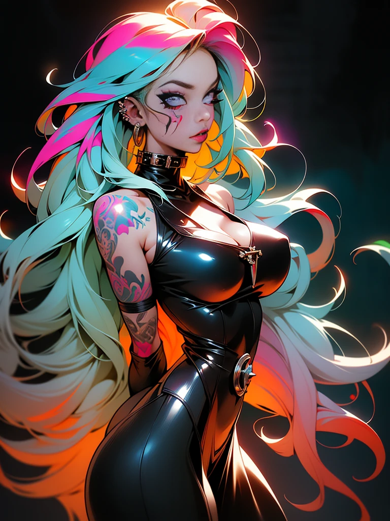 (masterpiece, top quality, best quality, official art, beautiful, cosmic, atmospheric, psychedelic, dreamlike and aesthetic, swirling psychedelic cosmic graffiti patterns:1.2), (1girl), extreme detailed,(fractal art:1.3),colorful,highest detailed, "(Best Quality, 8K, 32K, masutepiece:1.3), Ultra-detailed, (Photorealistic:1.4), pink and white colors, perfect color scheme, albino, Punk rock Girl, Detailed moonlight eyes, full body portrait, Luxurious neon white punk hair, Edgy Harajuku-inspired punk rock fashion, super huge enormously gigantic tits, cleavage showing, Avant-garde makeup, Numerous piercings, Heavily tattooed body, swirling psychedelic cosmic dreamlike graffiti pattern background
