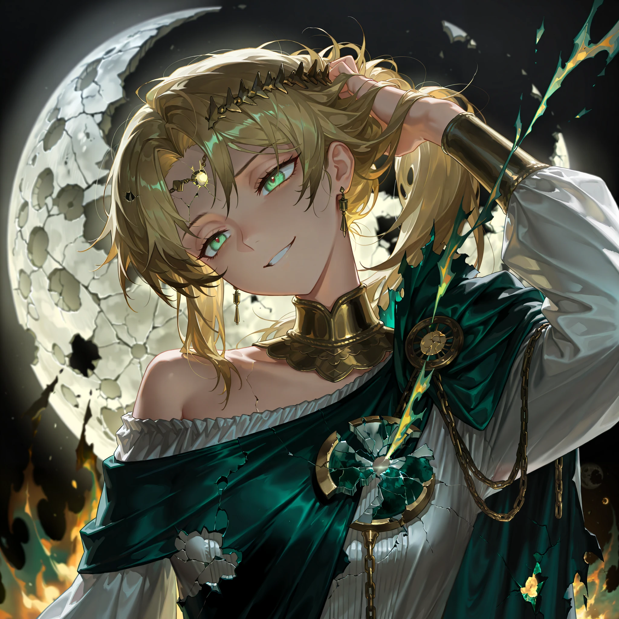 by [arknights|(748cmstyle:0.5)], mature, young adult, masterpiece, best quality, amazing quality, very aesthetic, high resolution, ultra-detailed, absurdres,
1girl, woman, solo, alone,(dynamic pose, half-frontal shot, upper body focus, medium shot:1.2), (mordred:0.33), blonde hair, emerald green eyes, long ponytail, smirk, royalty, (hand in her hair:1.3), holding her head, head tilt, "Haah?" expression, arrogance, arrogant expression, renaissance uniform, black and white clothes, gold shoulder cape, one shoulder shirt, (green flames, golden flames:1.2), chain lightning, royal paladin, winged circlet, (cracked moon, broken planetoid:1.55),
BREAK, depth of field, volumetric lighting
 