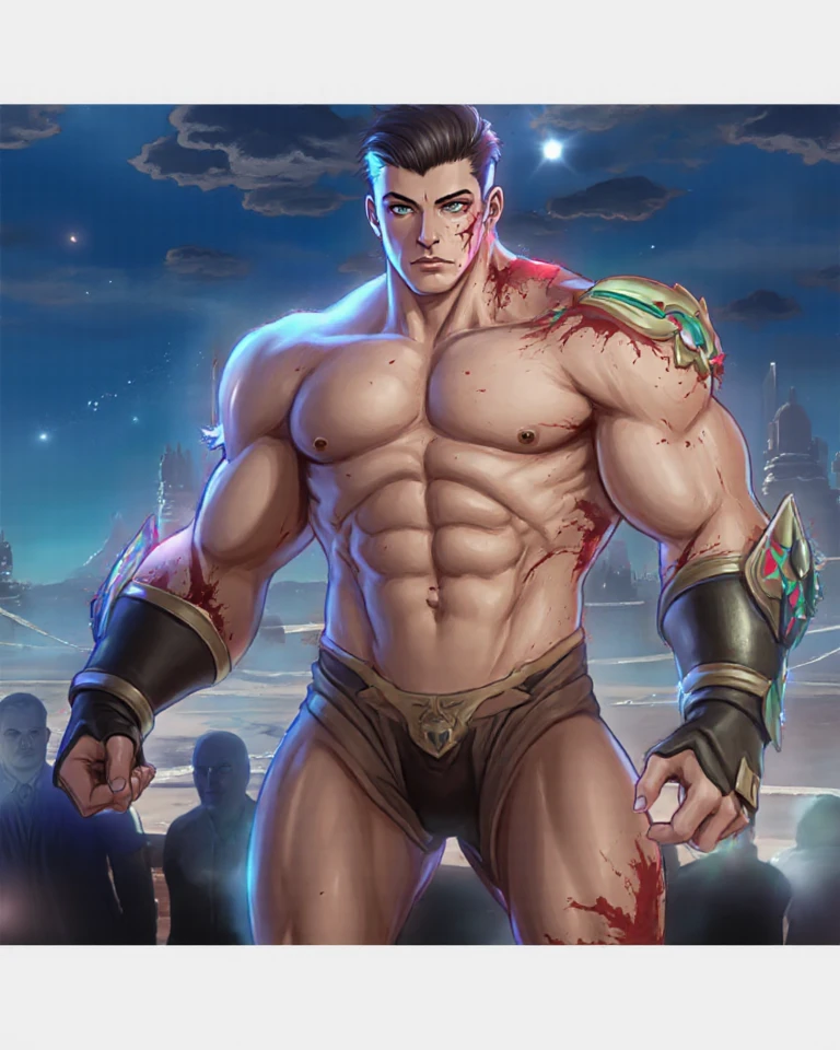 (masterpiece, highest quality, 18 year old boy, 8K, super detailed), (look away, Eye of the worm, thin lips), (1 boy, alone), young, (teenager), (dark short straight hair, undercut, black eye), Topless, topless, (red headband, black shorts, ((gauntlet))), (Depth of bounds written:1.2), (abs, chest, upper arm), (topless male), man with martial arts stance, motionless body, (starry night), Sweat, epic kung fu pose