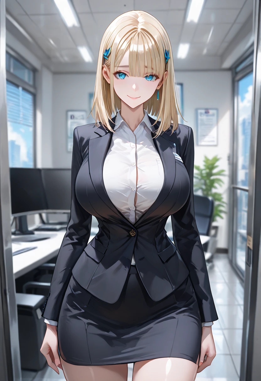 European girl portrait,alone,20-year-old,Beautiful Face,Hair on one eye,Medium Sidecut, Blonde, Sharp focus,(Black business suit),office,Big Breasts,smile