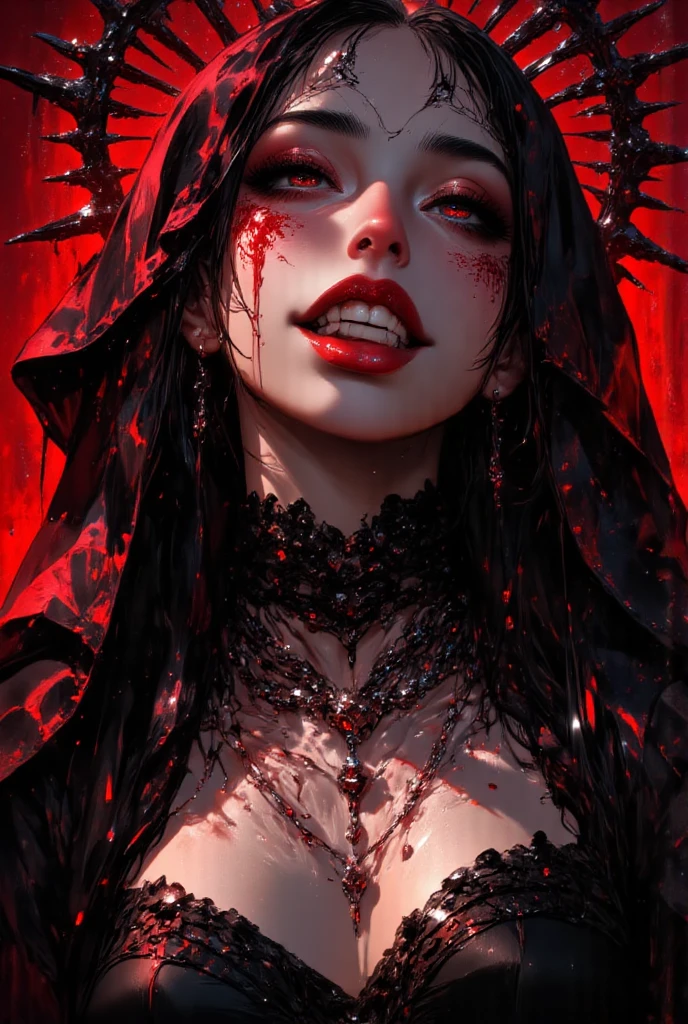 Arafed, dark fantasy art, glamour shot, award winning shot, photorealistic, a portrait of a female vampire drinking a ((glass of blood)), dynamic hair color, dynamic hair style , long hair, red lips, (glowing eyes: 1.5), dynamic eye color, dynamic color, she wears, an elegant (black dress: 1.5), catholic church and altar background, bar background, 16k, ultra detailed, masterpiece, best quality, (extremely detailed), rpg portrait, art by mooncryptowow, photograph