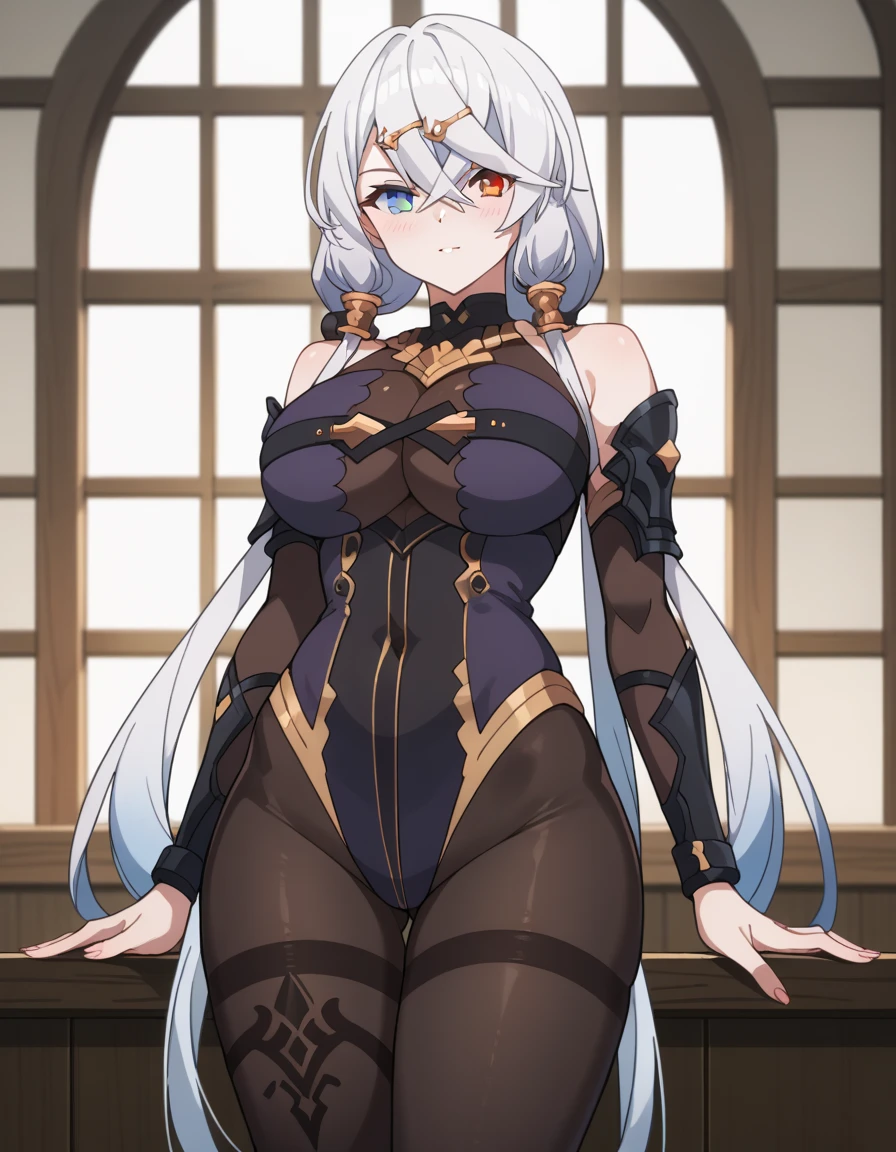 ((Obra maestra)), ((ultra calidad)), (alto detalle), (proporciones perfectas), (ojos perfectos), (boca perfecta), (manos perfectas), (ojos hermosos), cuerpo completo, looks at the camera, lingerie suit, 1chica, female, mature, sexy, (drow), white hair, (dark skin), (grey skin), ponytail, (pointy ears), green eyes, serious, cross-legged, anime screencap