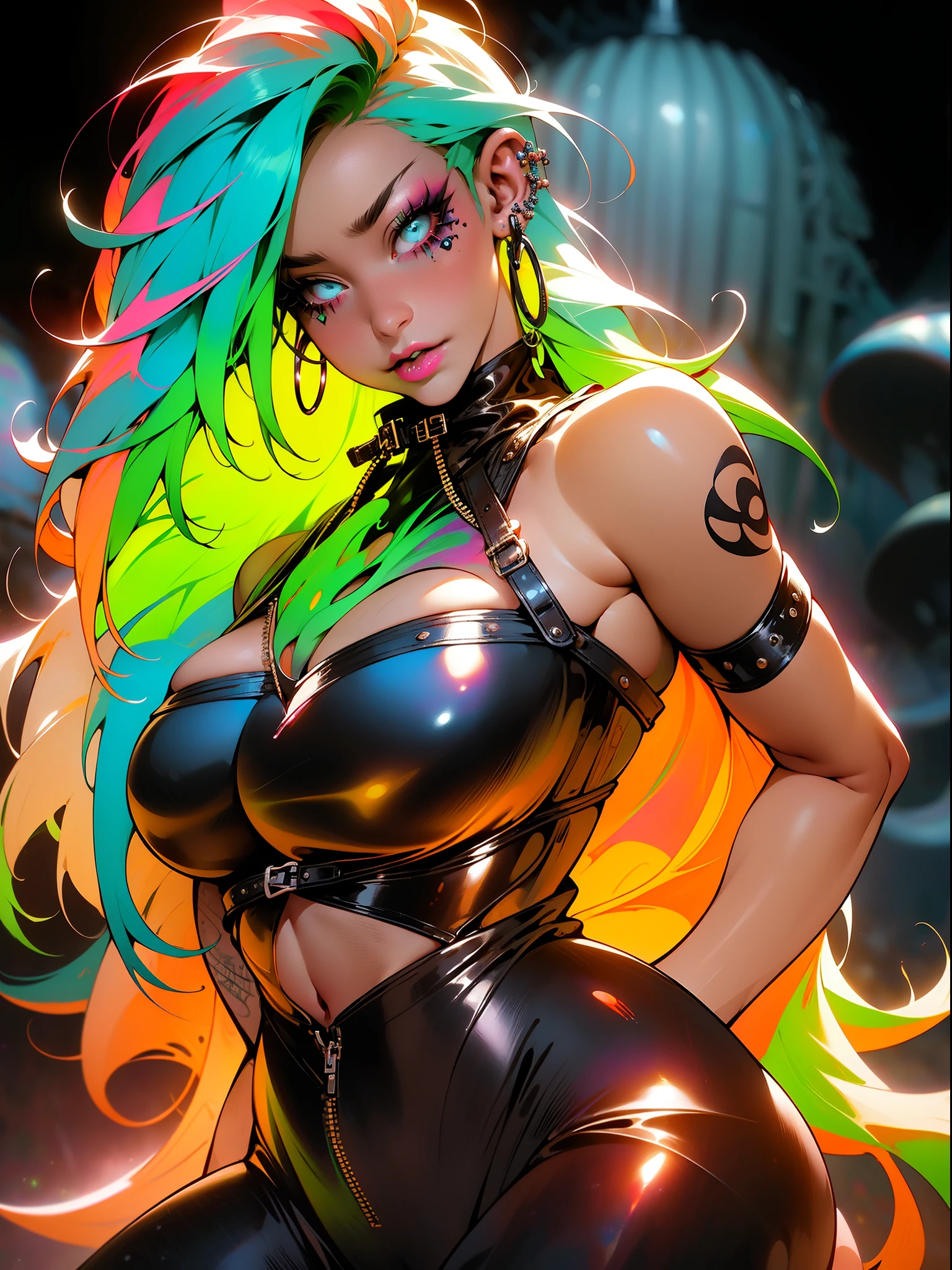 (masterpiece, top quality, best quality, official art, beautiful, cosmic, atmospheric, psychedelic, dreamlike and aesthetic, swirling psychedelic cosmic graffiti patterns:1.2), (1girl), extreme detailed,(fractal art:1.3),colorful,highest detailed, "(Best Quality, 8K, 32K, masutepiece:1.3), Ultra-detailed, (Photorealistic:1.4), pink and white colors, perfect color scheme, albino, Punk rock Girl, Detailed moonlight eyes, full body portrait, Luxurious neon white punk hair, Edgy Harajuku-inspired punk rock fashion, super huge enormously gigantic tits, cleavage showing, Avant-garde makeup, Numerous piercings, Heavily tattooed body, swirling psychedelic cosmic dreamlike graffiti pattern background