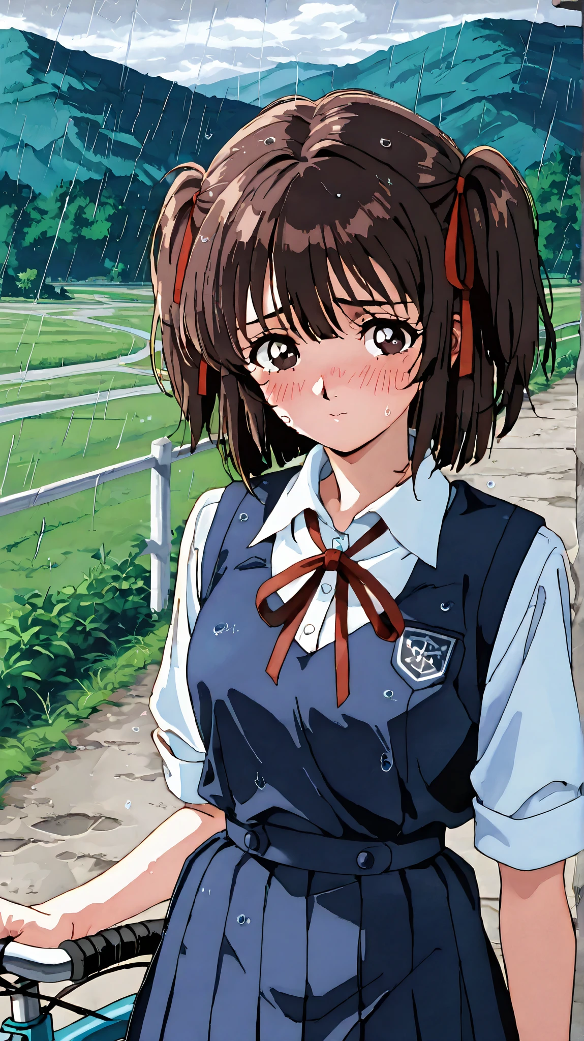 kayo,dark brown eyes,dark brown hair,two side hair,shoulder-length short hair,hair tied thin red ribbons,school uniform,white collared shirt,thin short red necktieribbon,navy blue short pleated skirt,tareme,labiomental sulcus,masterpiece,best quality,amazing quality,ultra detailed, very aesthetic,highres, beautiful detailed hair, beautiful detailed eyes, beautiful detailed face,beautiful,super detailed skin, perfect anatomy,score_9, score_8_up, score_7_up, source_anime,retro art style,[[[realistic]]],standing,day,rain,shy,blush,watery eyes,hill road,bicycle