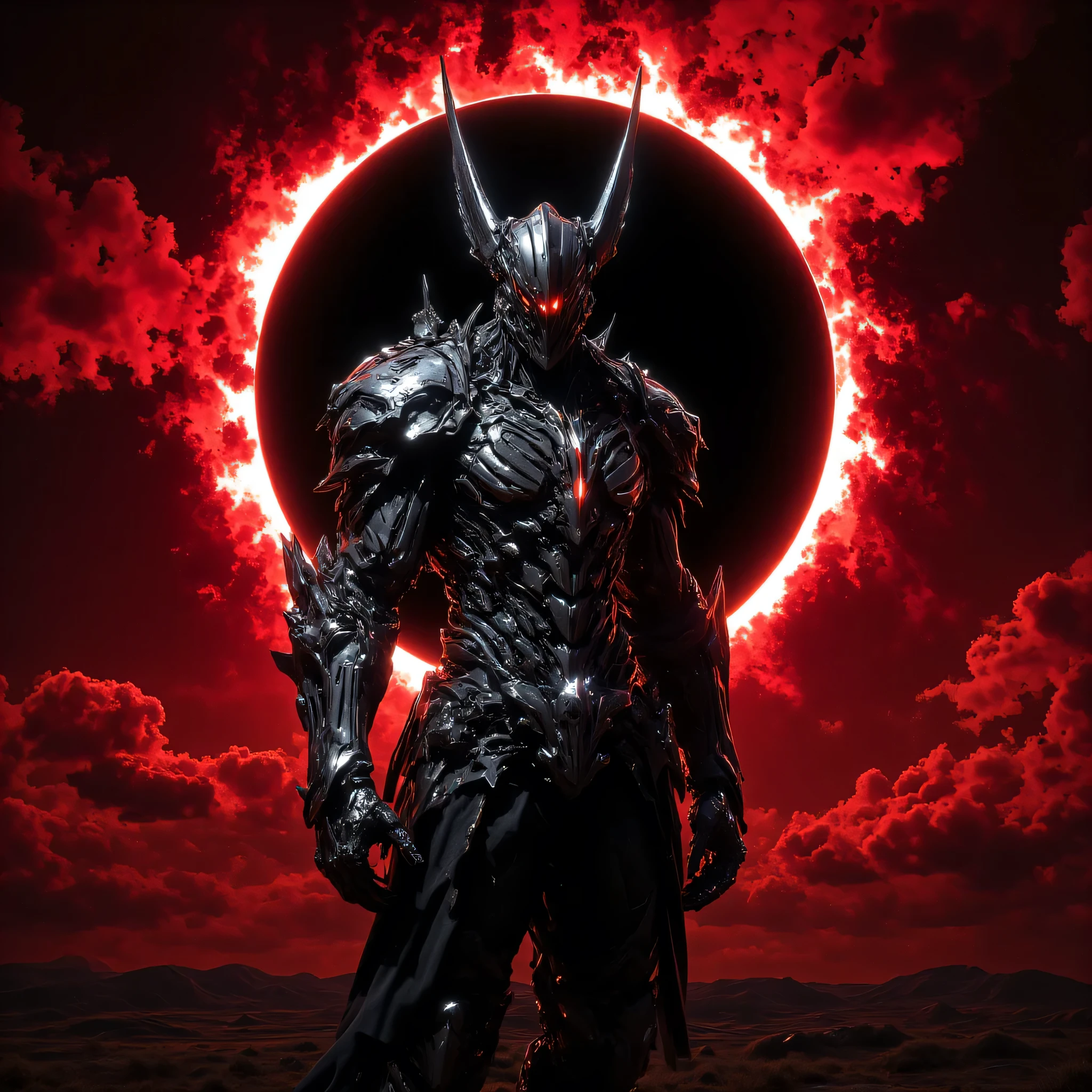 Under the red sky of an apocalyptic eclipse , cyber knight, steel ears on the helmet
