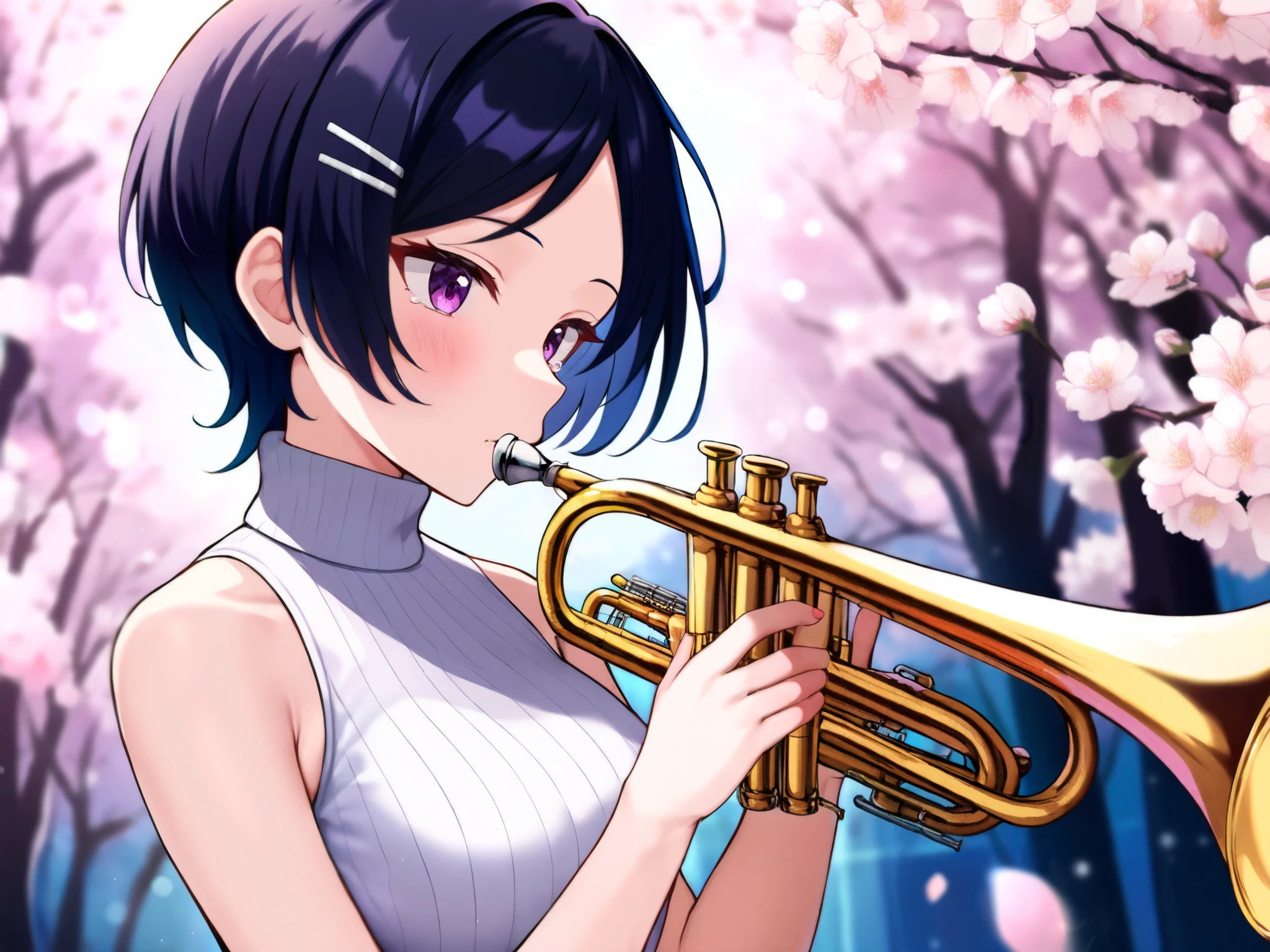 masterpiece, best quality, amazing quality, newest, very aesthetic, rating safe, 1girl, tomboy, parted bangs, hairclip, turtle neck white long dress, sleeveless trumpet, playing trumpet, music note, cherry blossom background, amazing background, bokeh, highres, absurdres