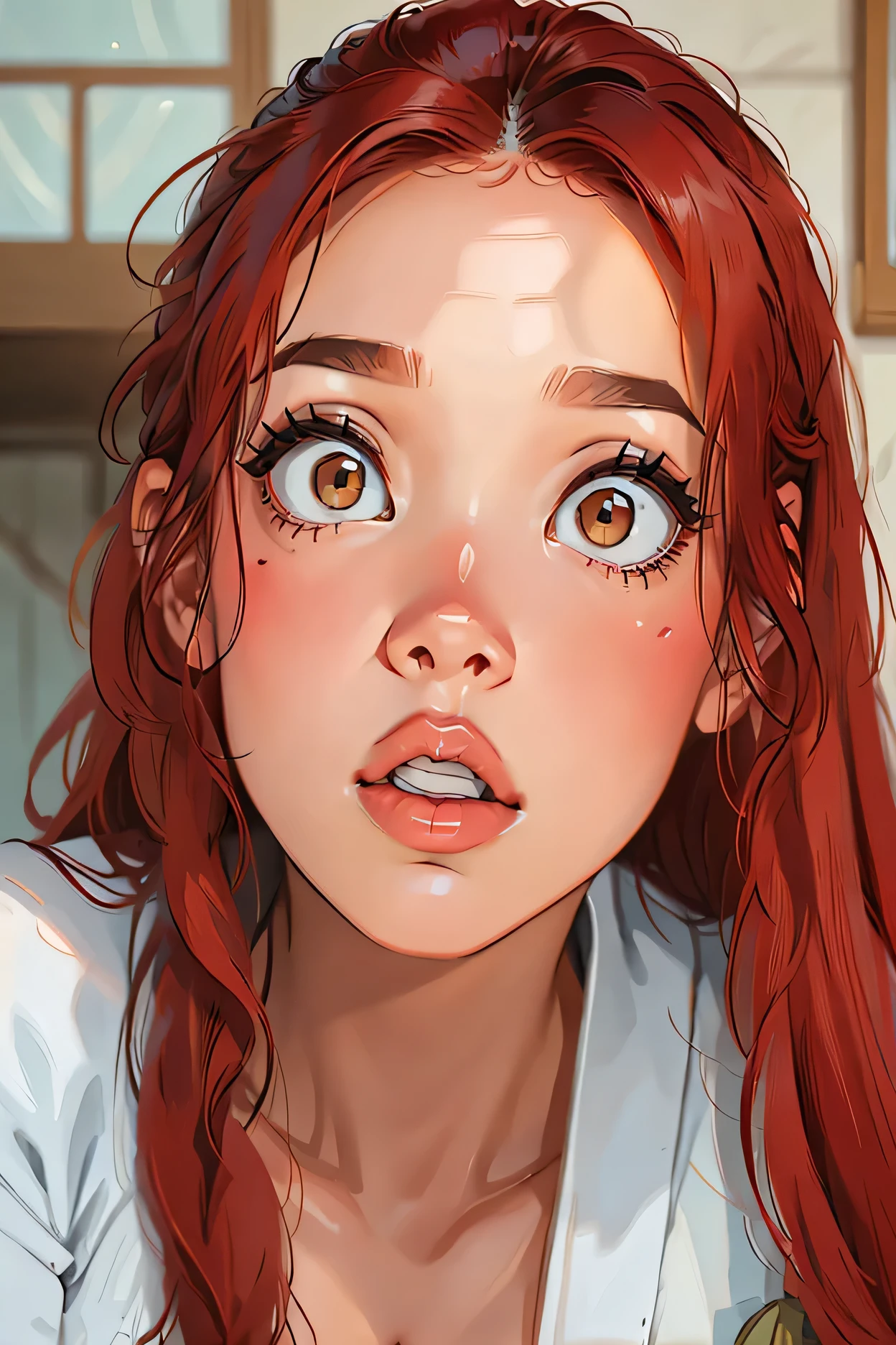 (perfect face), 1girl, red hair, long straight hair, red thin eyebrows, brown eyes, big eyes, black eyeliners, nose, thick lips, big lips, (surprised), (talking), blushing, collarbone, cleavage, medium breasts, white kimono, (looking at viewer)