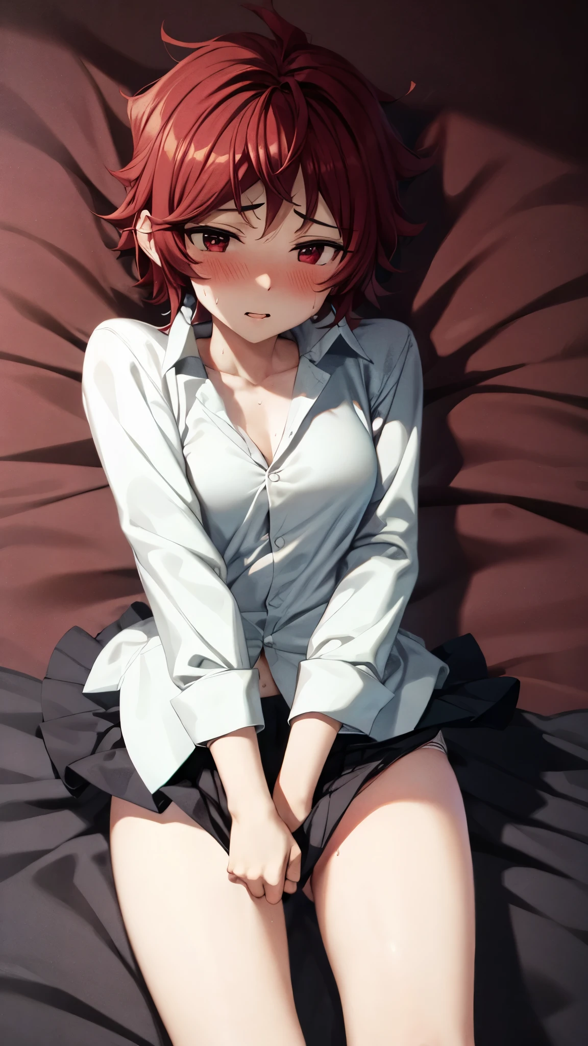 (Ultra High Quality,ultra high resolution with oil,16k,Super Masterpiece,Ultra HD ,detailed shading and background,)Sexy high school girl,sexy long sleeve white shirt,lattice pattern mini skirt,white panties,Chest Valley,blushes,Open your lips a little,sweaty,turns over, legs spread wide ,lie down on the bed, extend your hand,
