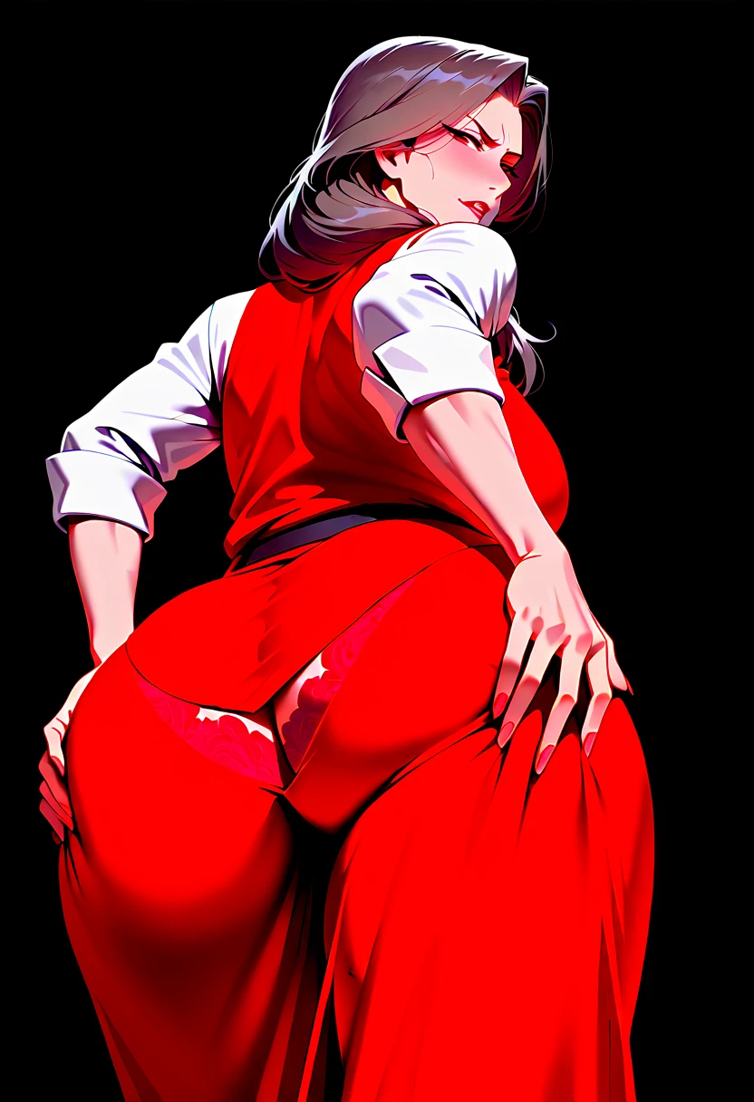 ((masterpiece, best quality)), ((27 year old)), (((Curvy))), (((Aerith Gainsborough from FF7))), in pink dress and red jacket, ((Bending over)), (((Large Hips))), (((Visible panty line))) (((photo realistic)))