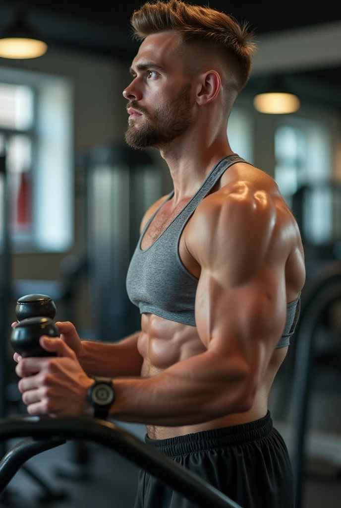 Skinny man without muscle in gym