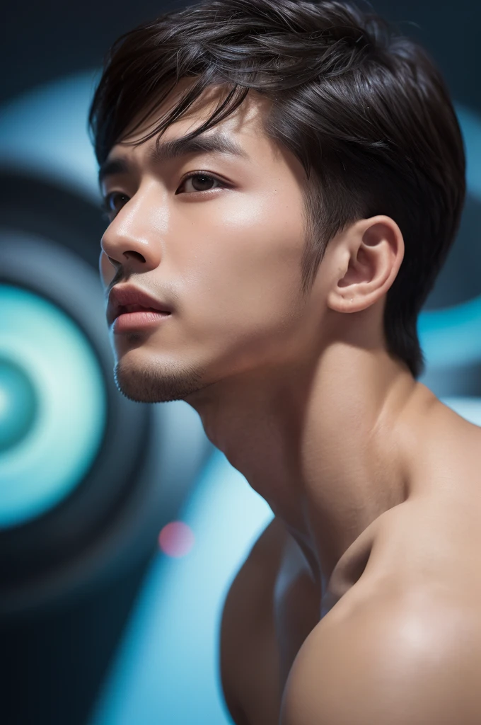 Mind control , (masterpiece, ultra quality, high resolution, 8k, intricate: 1.2), (detailed face:1.2), handsome, Young Korean man ,white skin, double eyelids , detailed skin, 1boy, ((realistic)), abs, good lighting quality, muscle veins, ((pale skin)), (drooling:1.2), side view, lust face, (look at spiral on TV:1.3), (viewer pop:1.3), full body shot