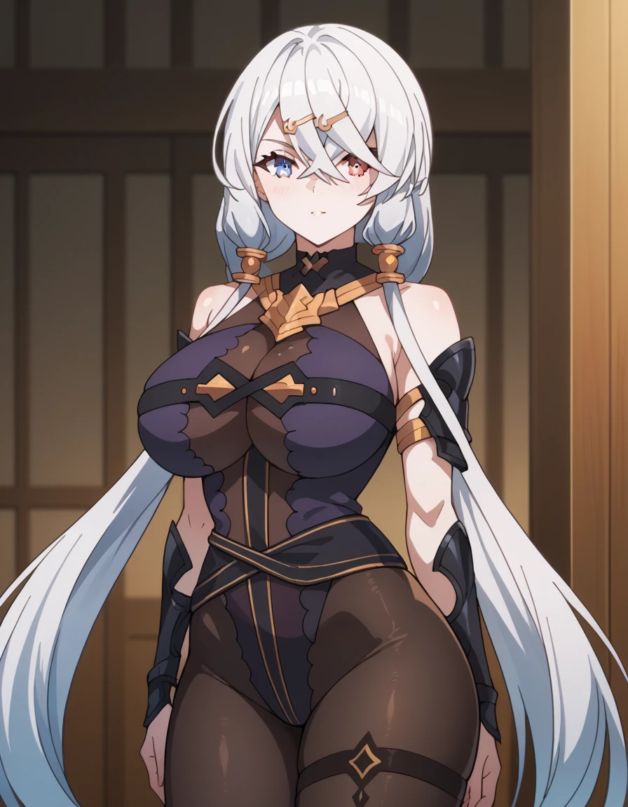 earrings, braided ponytail, puffy sleeves, gold trim, gloves, bodysuit, breast curtain, shoulder cutout, covered navel, hip vent, clothing cutout, tassel, (luxury livingroom background), ShenheV4, anime cels style, best quality, high resolution, 1girl, (huge breasts:1.2), beautiful face, grey hair, long hair, hair ornament, hair over one eye, blue eyes, cowboy shot, smiling