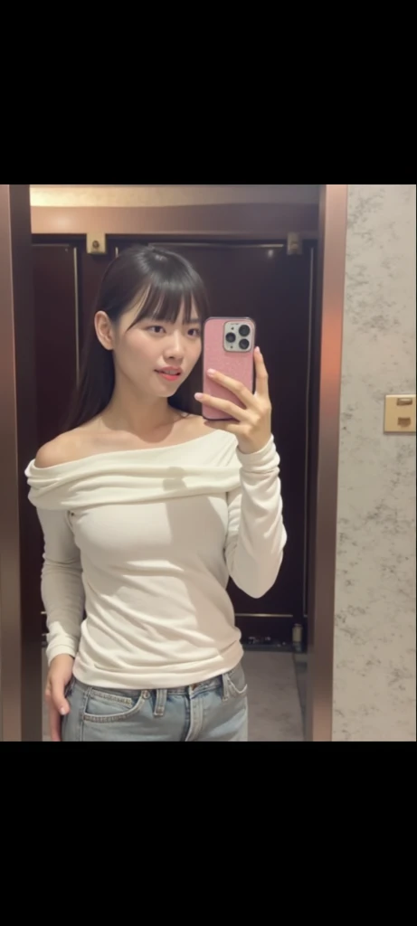 Selfie photos,Mobile phone mirror selfie,indoor,Inside the room,A beautiful mature Asian woman,Realistic fair skin color,156 cm,46KG,34C cupz her hairstyle is loose and lazy,Wearing a close-fitting white low-cut short-sleeved top,black shorts:1.2,