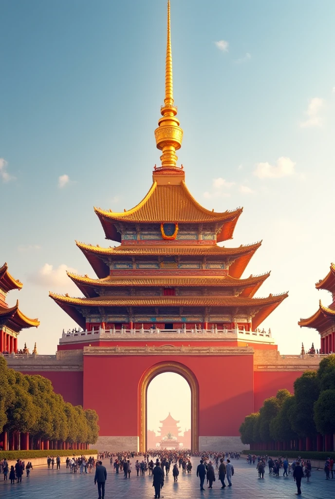 (The ancient Chinese pagoda and the traditional Chinese palace are perfectly integrated with the elements，The red roof joins the arafeld-style pagoda，Architectural elements such as Chinese architecture and Chinese temples complement each other), (Colorful creatures around，The temple carvings come to life，3D animated models，The fascinating beauty of the cliffs and treasures will pique your amazing interest), Reveal a magnificent picture、Simple and elegant graphics，Unforgettable。 --auto --v6