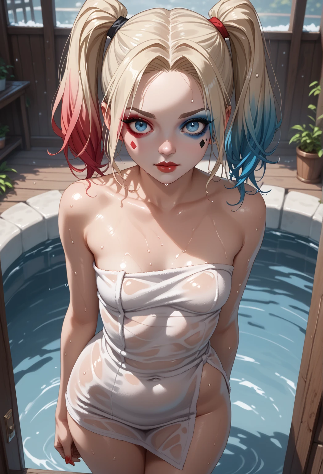 (masterpiece, best quality) Harley Quinn, beautiful woman, pigtails, stylish bikini, on her knees, becoming werehyena, on the beach, vibrant colors