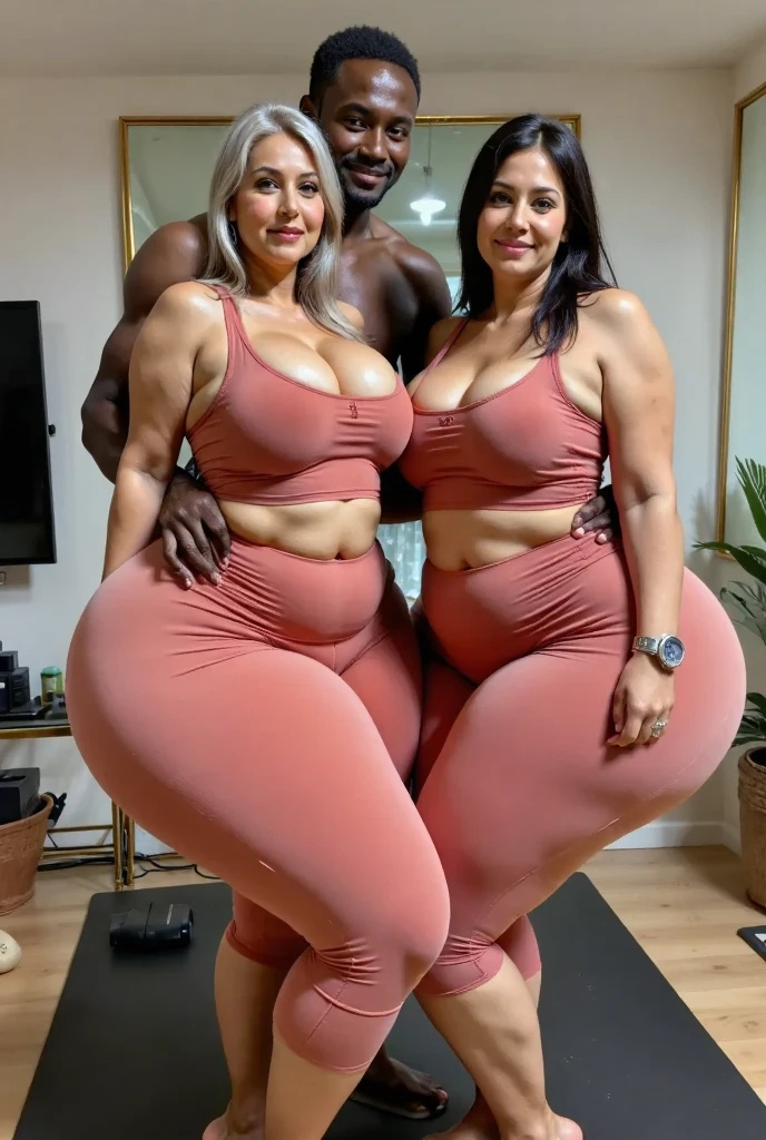 3girls, 1man, One Handsome short-haired tall huge barbarian beefy muscular Chad in center-of-composition hugging three beautiful women tackling him and touching him and feeling him and snuggling him, tight-shirts and long yoga-pants, dark-haired, Curly hair, long afro curly hair, green colored eyes, Envisage parfait, large full breasts, Dark skinned, ((Best Quality)), Eyes and faces with detailed, tight-shirts and long yoga-pants, early evening, grope, squeeze (the girls express desire towards the Handsome Chad and surround him)