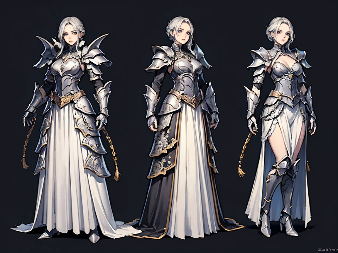Multi-view, front view, rear view, concept art, character standing painting, 1girl, armor, blonde hair, breasts, gauntlets, helmet, shoulder armor, long hair, cleavage, multiple views, gradient, grey background, gradient background, ponytail, standing, skirt, greaves, pointy ears, full body<lora:lihanliangshi:0.8>,