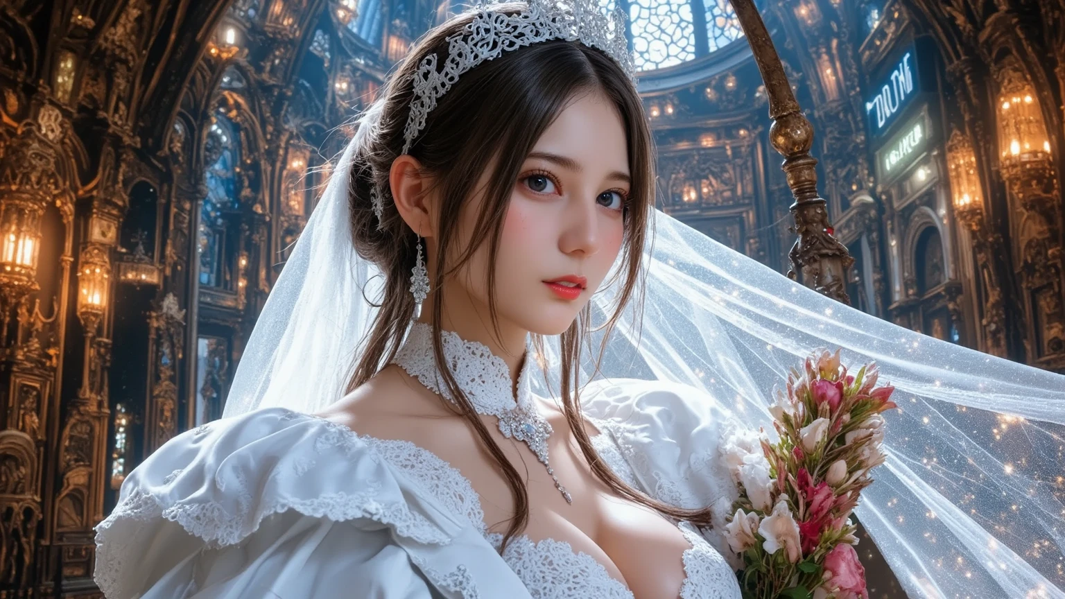 (masterpiece, best quality: 1.4), Detailed background, White crystal, crystal cluster,long hair,jewelry, earrings, necklace, crown, bride, small breasts