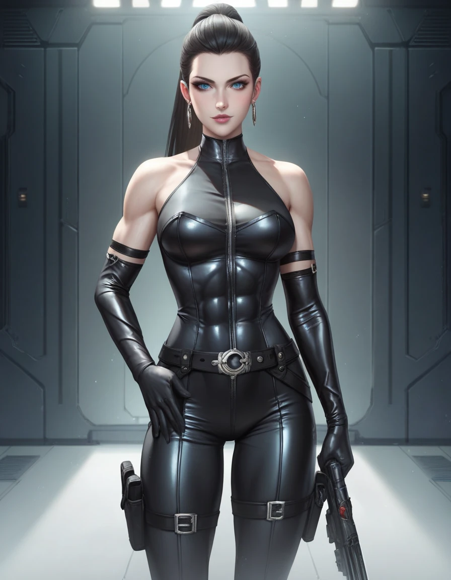 a slender, futuristic female character in a revealing, black outfit with high-tech gear. She holds a gun, exuding confidence and strength. The name "æon flux" is prominently displayed beside her., photo realistic, 8k, vibrant color