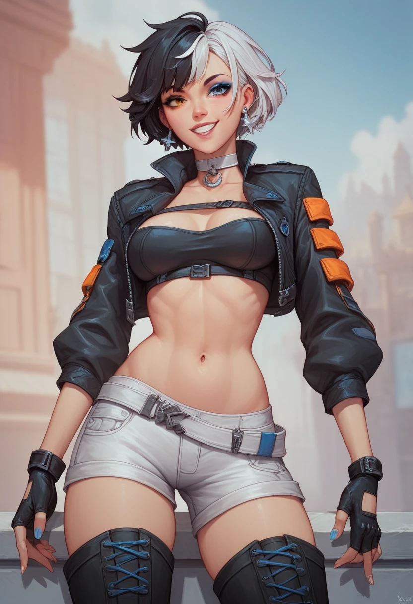 (masterpiece:1.2), (best quality:1.2), (masterpiece, best quality, ultra-high resolution), ((Toon style)), (Tough girl), leather jacket open, crop top, tight leather pants.