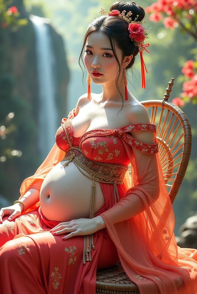 portlate、realisitic、Photorealsitic、Hugh Lowry、as a white stone marble figure、In the guise of famous ancient Roman statues、Costumes in the style of ancient China、See-through silk underwear、Maximum big breasts、Pregnant Woman、Big belly if the biggest、Trained lower body、big butts、Sit down and hold hands、