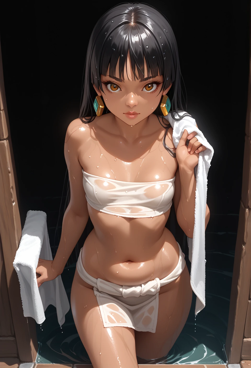 (((perfect anatomy:1.2,realistic:1.4,RAW Photography:1.4,masterpiece、highest quality、Ultra - High resolution、High resolution、Highly detailed CG、8K))),cowboy shot,1 female,solo、18 year old beauty,Japanese,((beautiful detailed face and eyes:1.3,big gorgeous eyes:1.3,gray eyes)),black hair,short bob hair,blunt bangs,blush,crying,(medium breasts,slender body,small head:1.3,skinny),(gleaming skin:1.4,oily skin,shiny skin),((Dirty with mud:1.5、sweat:1.5)),(clavicle、nipples,topless,navel、White panties、Bare legs),lying,spread legs:1.5、Port warehouse district、container、at night、moonlight,