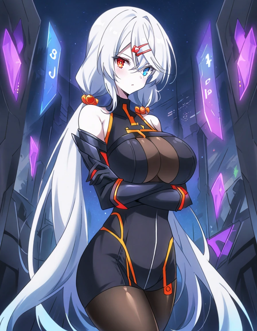 1girl, dark-skin, dark-skinned female, white hair, long hair, black leotard, white trim, large breasts, thick thighs, belt, thighhighs, pantyhose, knife, mature female, milf, toned, tall, shoulder armor, sleeves, long sleeves, gloves, elbow gloves, neon, neon trim, neon lights, futuristic, science-fiction, tech, machinery, anime style, 2d, anime screencap, ((anime style)), ((2d)), ((anime screencap))