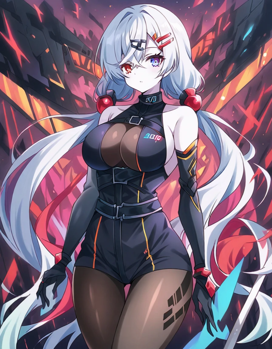whole body,Standing posture, (Gray Hair,Twin tails,) (One Girl,Super big breasts,,Symphogia style,Red eyes), (beautifully drawn face:1.2) (High leg leotard,Symphogear Suit,Black and red outfit,) Cold look,(White background)