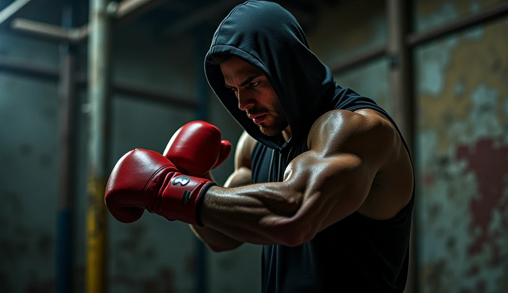 Man with a thin build training boxing, 76 kg, with marked muscles, of long hair, very dark brown, tied with a bun at the nape of the neck, of 1,81 meters high, brown eyes with full trimmed beard.